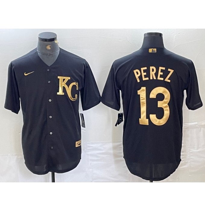 Men's Kansas City Royals #13 Salvador Perez Black Gold Cool Base Stitched Jersey