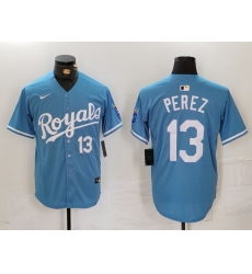 Men's Kansas City Royals #13 Salvador Perez Number Light Blue Cool Base Stitched Jersey
