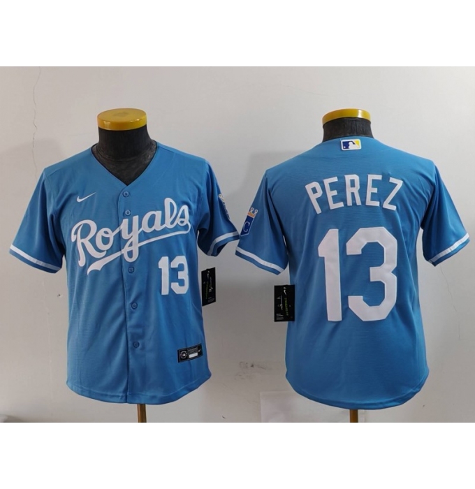 Youth Kansas City Royals #13 Salvador Perez Number Light Blue Cool Base Stitched Jersey