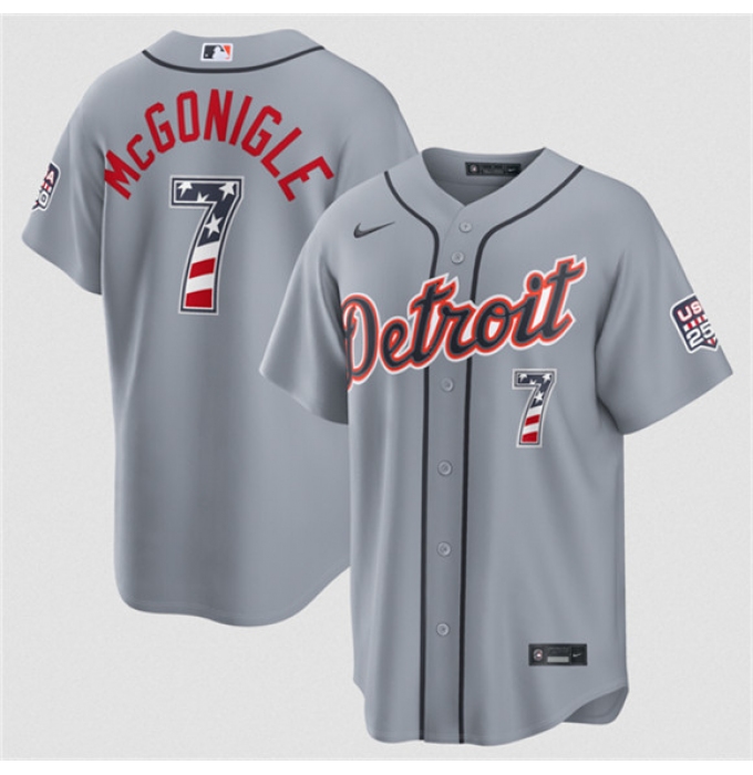 Men's Detroit Tigers #7 Kevin McGonigle Gray 2026 USA 250 Fourth of July Stitched Baseball Jersey