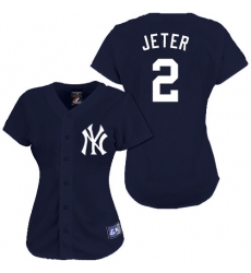 Women's Majestic New York Yankees #2 Derek Jeter Replica Navy Blue MLB Jersey