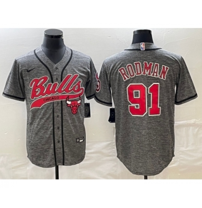 Men's Chicago Bulls #91 Dennis Rodman Grey Gridiron Cool Base Stitched Baseball Jersey