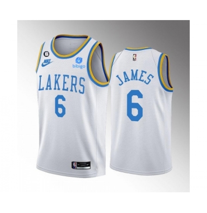 Men's Los Angeles Lakers #6 LeBron James 2022-23 White Classic Edition No.6 Patch Stitched Basketball Jersey