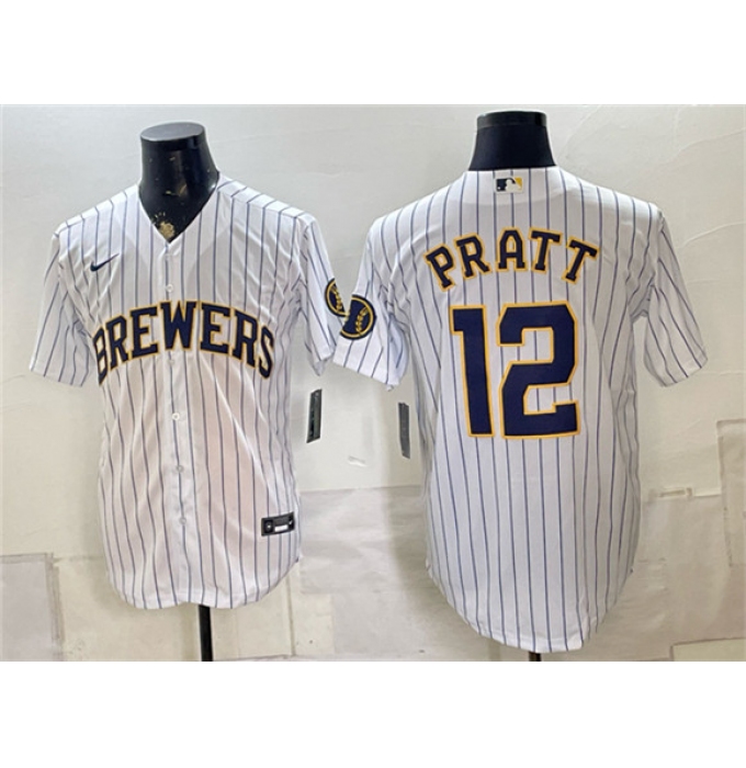 Men's Milwaukee Brewers #12 Cooper Pratt White Stitched Baseball Jersey