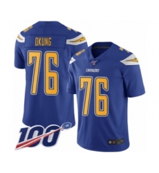 Men's Los Angeles Chargers #76 Russell Okung Limited Electric Blue Rush Vapor Untouchable 100th Season Football Jersey
