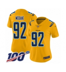 Women's Los Angeles Chargers #92 Brandon Mebane Limited Gold Inverted Legend 100th Season Football Jersey