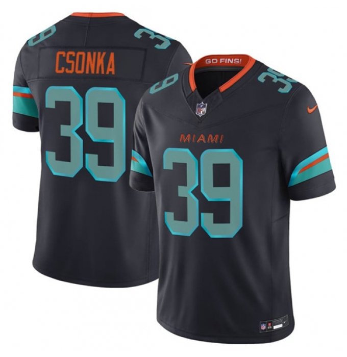 Men's Miami Dolphins #39 Larry Csonka Black 2025 F.U.S.E. “Rivalries” Vapor Limited Football Stitched Jersey