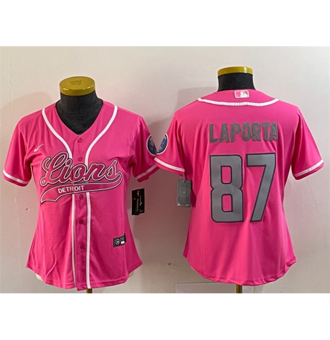 Women's Detroit Lions #87 Sam LaPorta Pink With Cool Base Stitched Baseball Jersey
