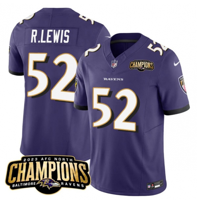 Men's Baltimore Ravens #52 Ray Lewis Purple 2023 F.U.S.E. AFC North Champions Vapor Limited Football Stitched Jersey