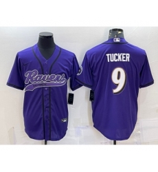 Men's Baltimore Ravens #9 Justin Tucker Purple With Patch Cool Base Stitched Baseball Jersey