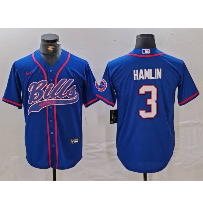 Men's Buffalo Bills #3 Damar Hamlin Blue With Cool Base Stitched Baseball Jersey