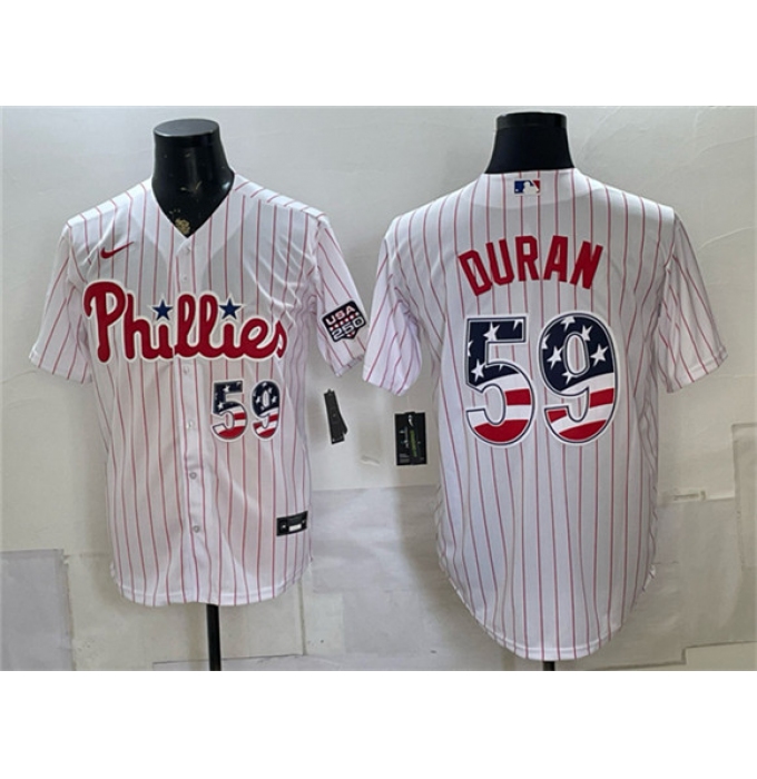 Men's Philadelphia Phillies #59 Jhoan Durán White USA 250 Fourth of July Home Stitched Baseball Jersey