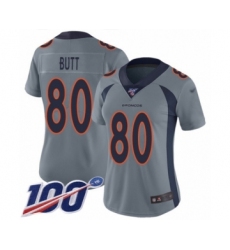Women's Denver Broncos #80 Jake Butt Limited Silver Inverted Legend 100th Season Football Jersey