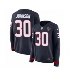 Women's Nike Houston Texans #30 Kevin Johnson Limited Navy Blue Therma Long Sleeve NFL Jersey