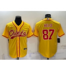 Men's Kansas City Chiefs #87 Travis Kelce Gold With Patch Cool Base Stitched Baseball Jersey
