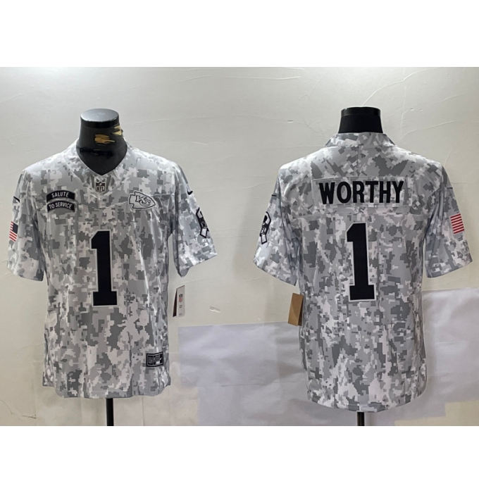 Men's Kansas City Chiefs #1 Xavier Worthy Arctic Camo 2024 FUSE Salute to Service Limited Stitched Jersey