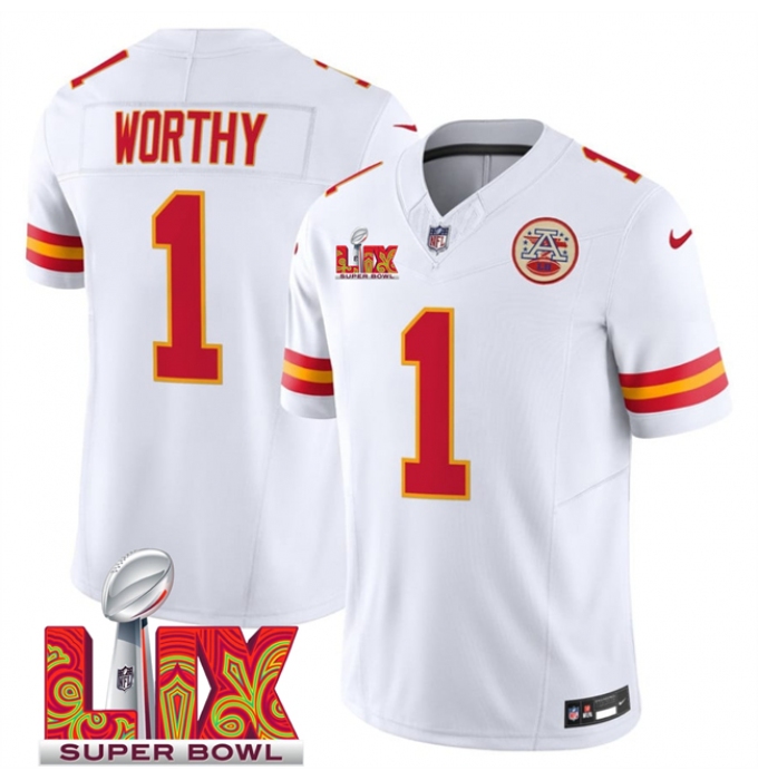 Men's Kansas City Chiefs #1 Xavier Worthy White 2025 Super Bowl LIX F.U.S.E. Vapor Limited Stitched Football Jersey